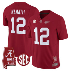 A. Crimson Tide #12 Joe Namath 2025 Roll Tide & Sec Patch Fan Jersey - Crimson