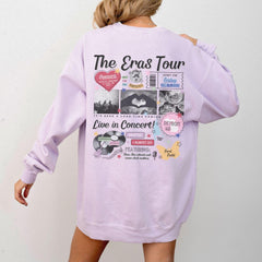 a woman wearing a sweatshirt with the words the eros tour on it