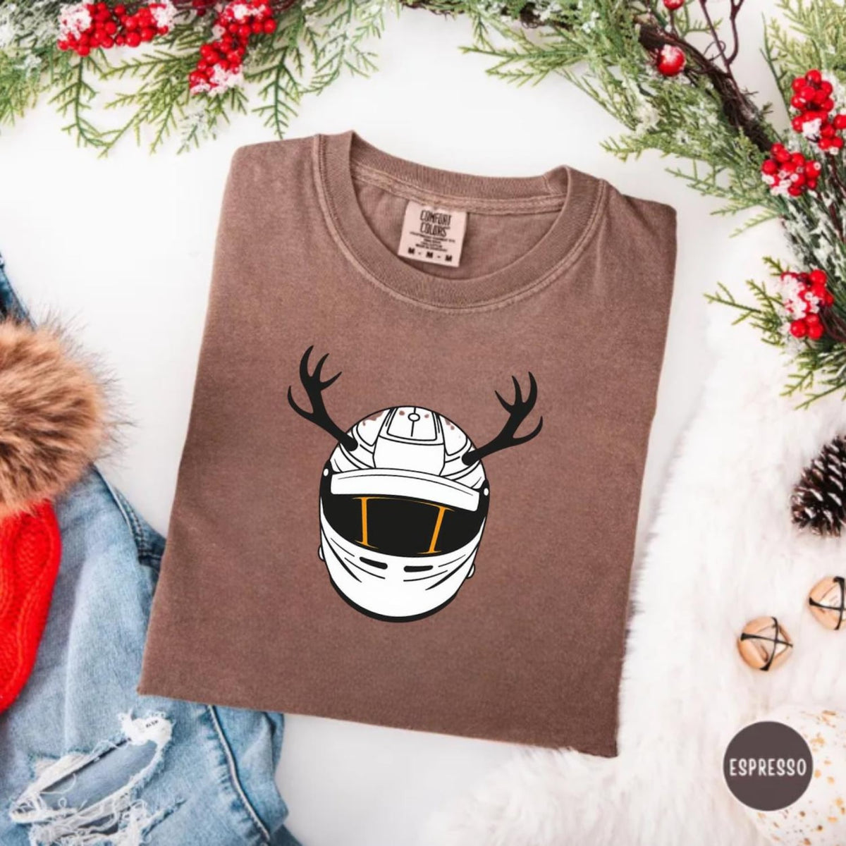 Racing Christmas Helmet Tee, Reindeer Antler Moto Shirt, Holiday Race Fan Gift