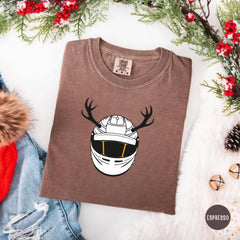 Racing Christmas Helmet Tee, Reindeer Antler Moto Shirt, Holiday Race Fan Gift