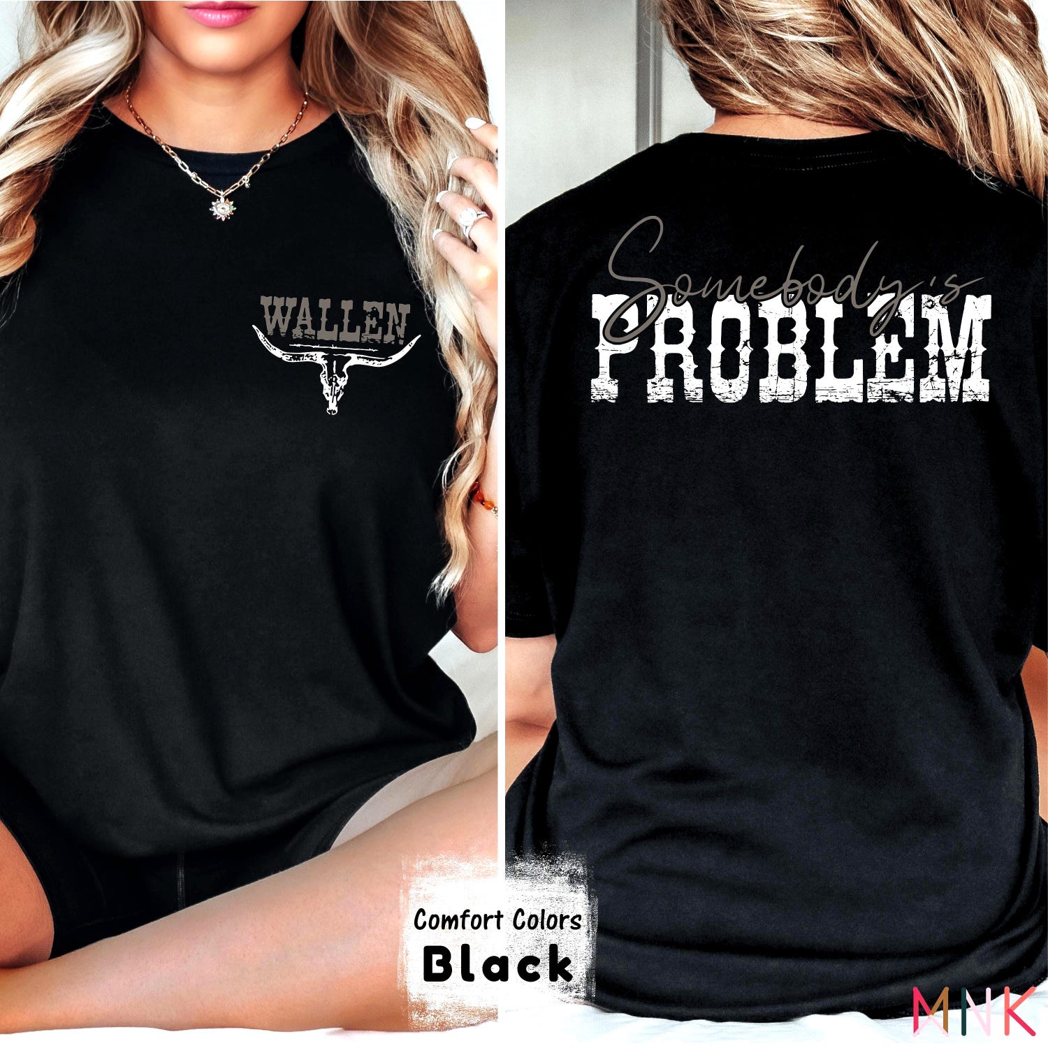 Somebody's Problem Bull Skull Tee: Double Sided Country Concert Shirt'4307896904