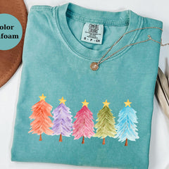 Colorful Christmas Tree Sweatshirt, Pastel Holiday Sweater, Watercolor Xmas Top, Cozy Winter Gift, Festive Comfort Colors Crewneck