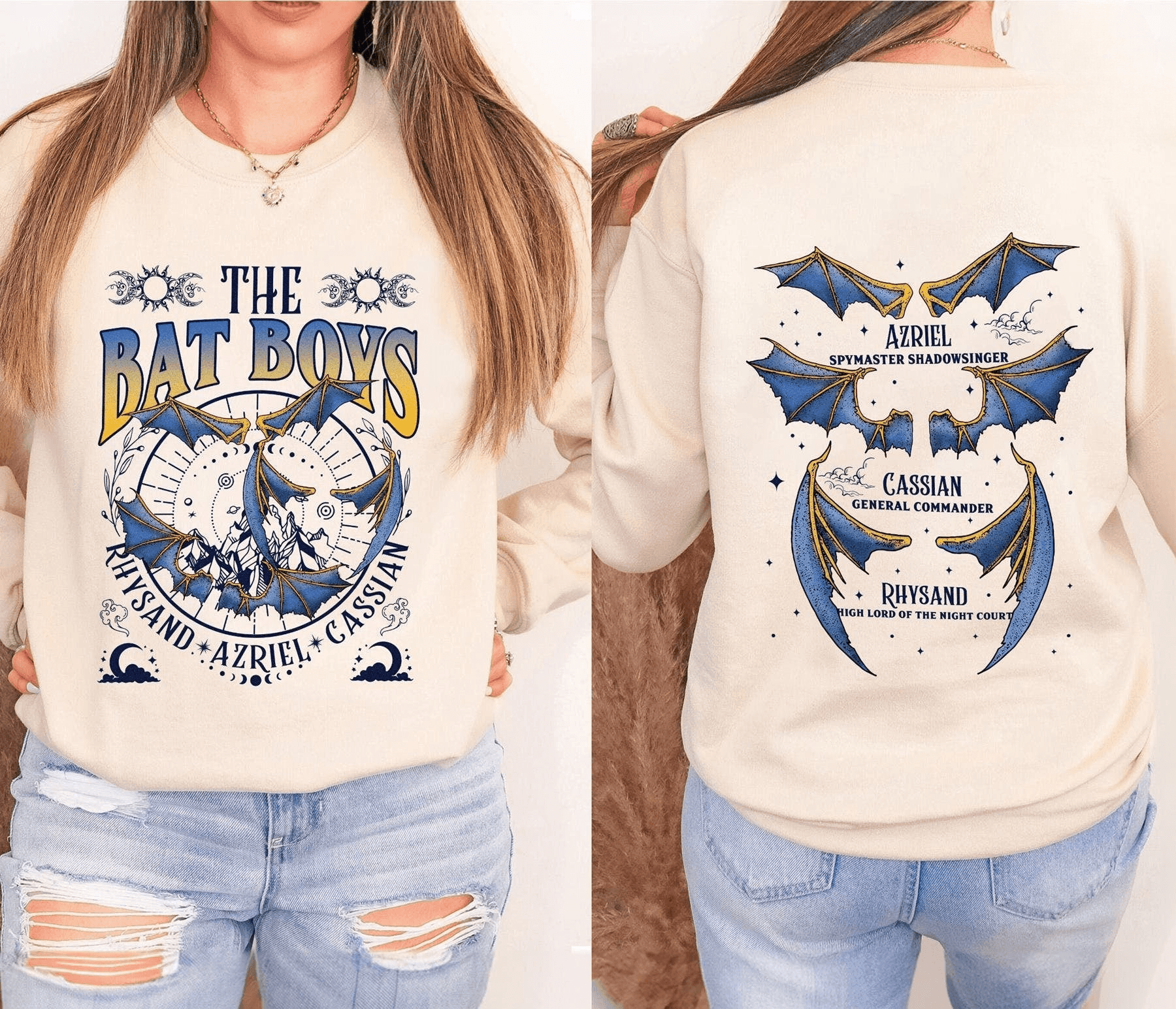 a woman wearing a bat - boys sweatshirt and ripped jeans