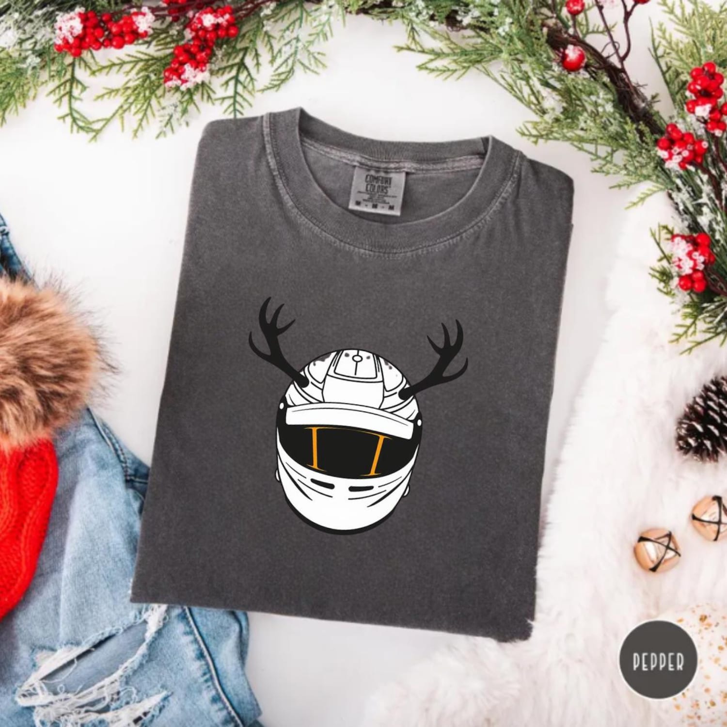 Racing Christmas Helmet Tee, Reindeer Antler Moto Shirt, Holiday Race Fan Gift