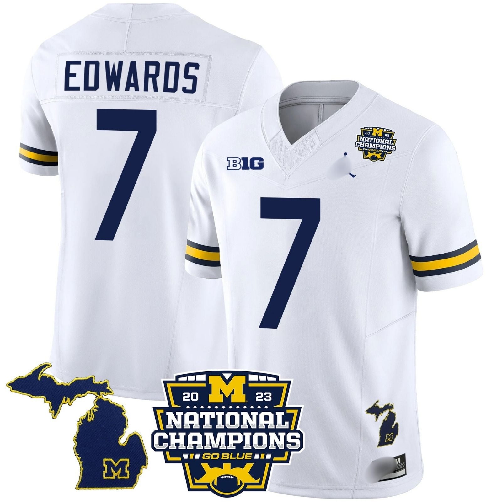 M.Wolverines #7 Donovan Edwards B1G & 2023 National Champions Patch Fan Jersey