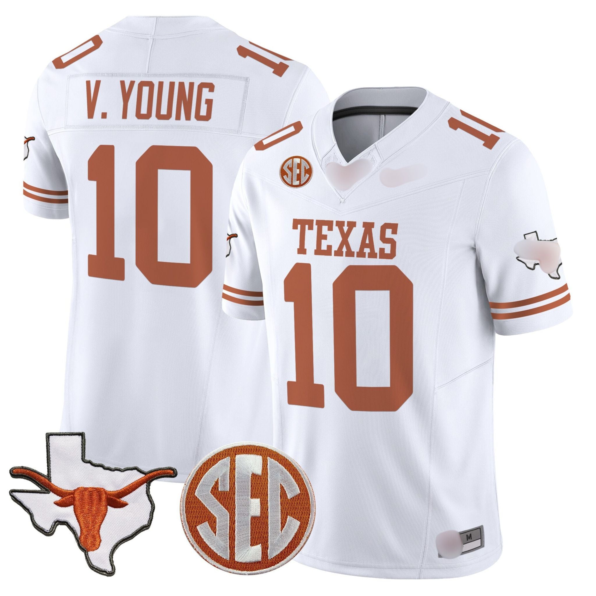 T.Longhorns #10 Vince Young 2025 State Map & SEC Patch Fan Jersey