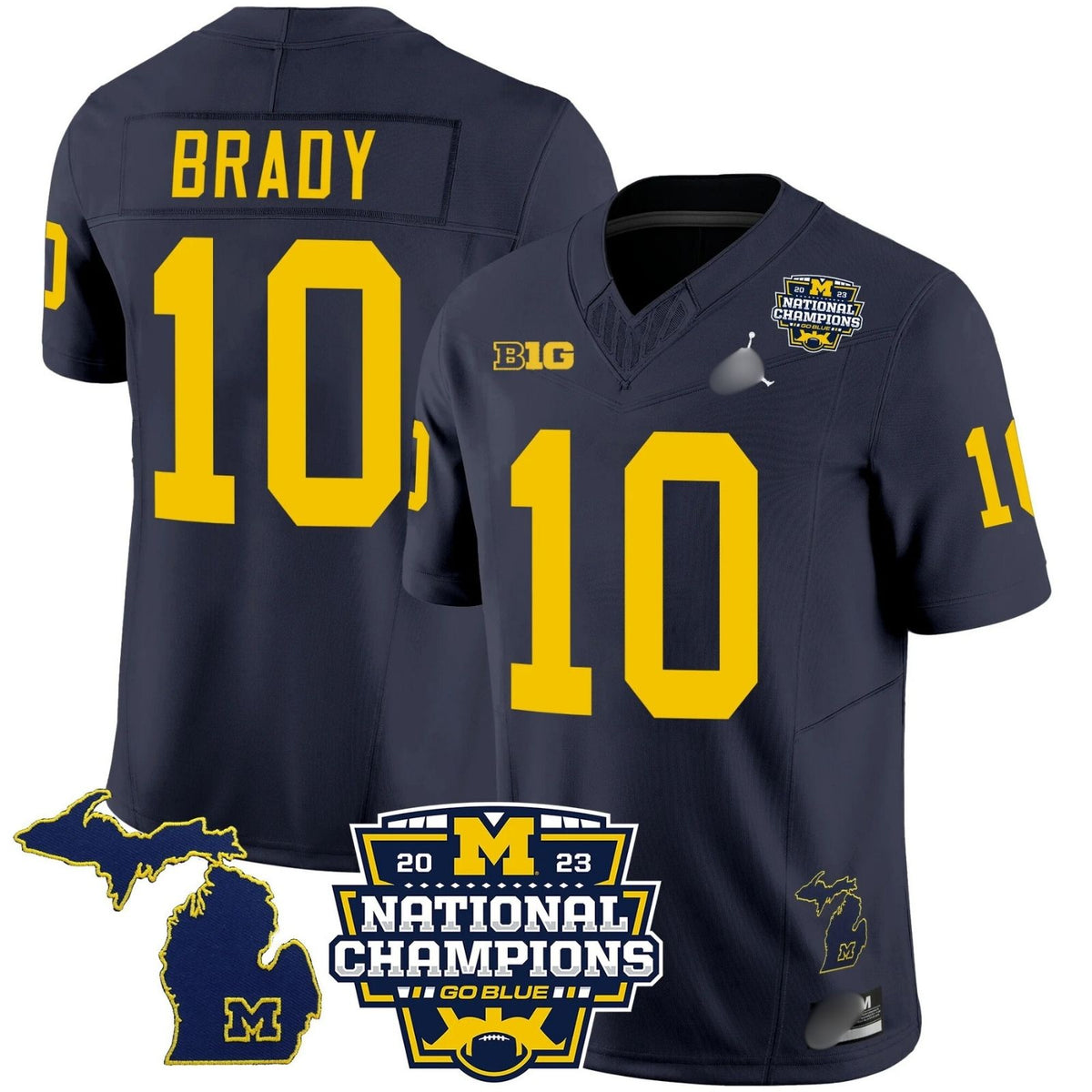M.Wolverines #10 Tom Brady B1G & 2023 National Champions Patch Fan Jersey
