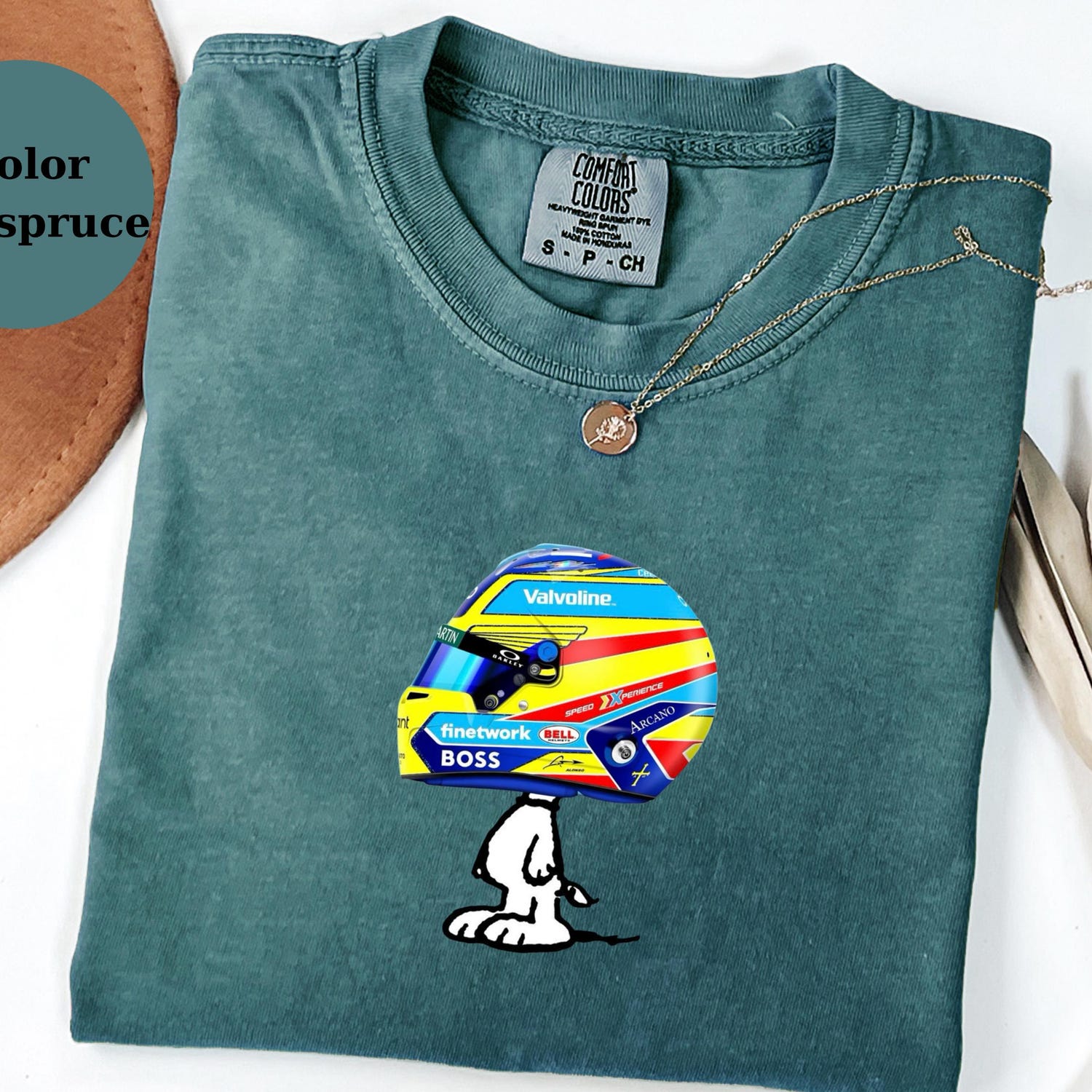 Fernando Alonso Racing Helmet Snoopy Shirt, Funny F1 Fan Crewneck, Cartoon Racer Top, Motorsport Gift, Comfort Colors Unisex Shirt