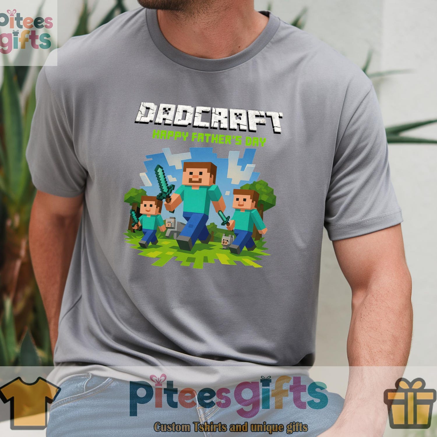 Dadcraft Happy Father's Day Shirt - Mine craft Video Games Dad Gamers Tee - Funny Pixel Gift for Geeky Dads