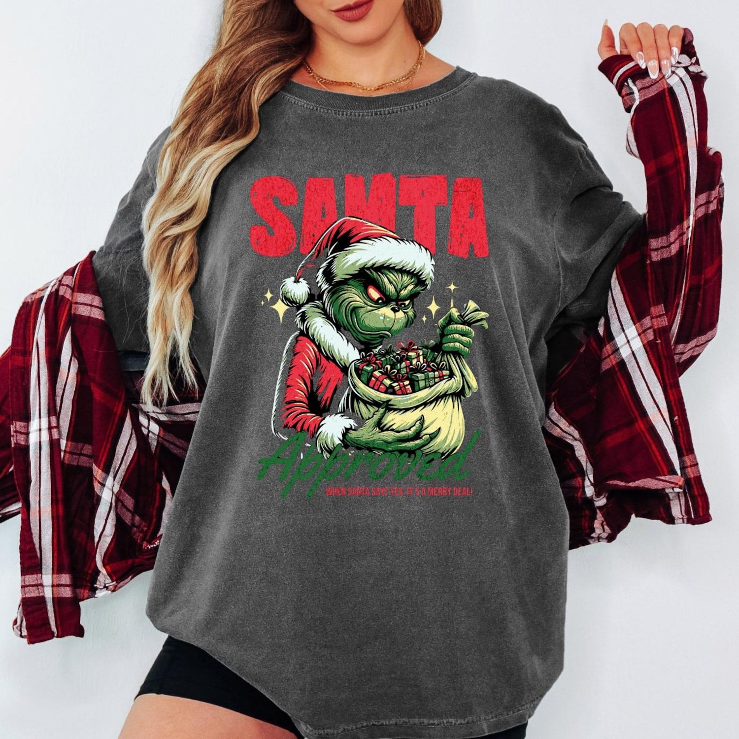 Grinch Christmas Shirt, Santa Approved T-Shirt � Comfort Colors Unisex Christmas Humor Tee � Grinch Santa Graphic Shirt