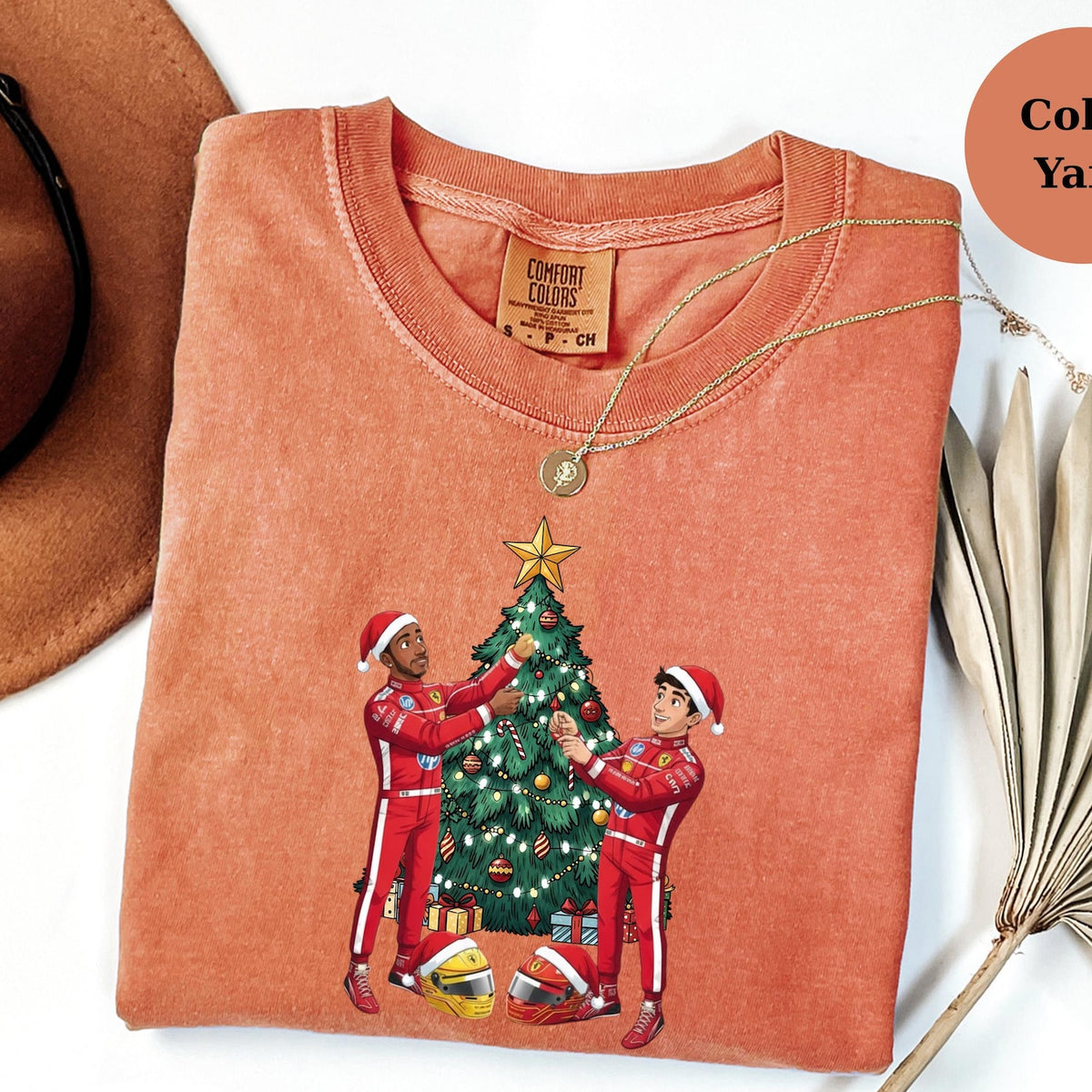 Ferrari Racing Team, Lewis Hamilton and Charles Leclerc F1 Christmas Tree Tee, Racing Driver Holiday T-Shirt, Racing Fan Xmas Gift Top