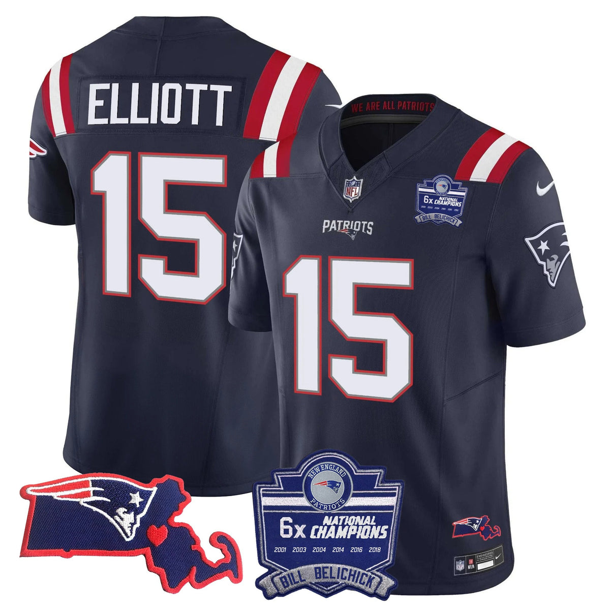 N.E Patriots #15 Ezekiel Elliott Bill Belichick 6x Champions & State Patch Fan Jersey