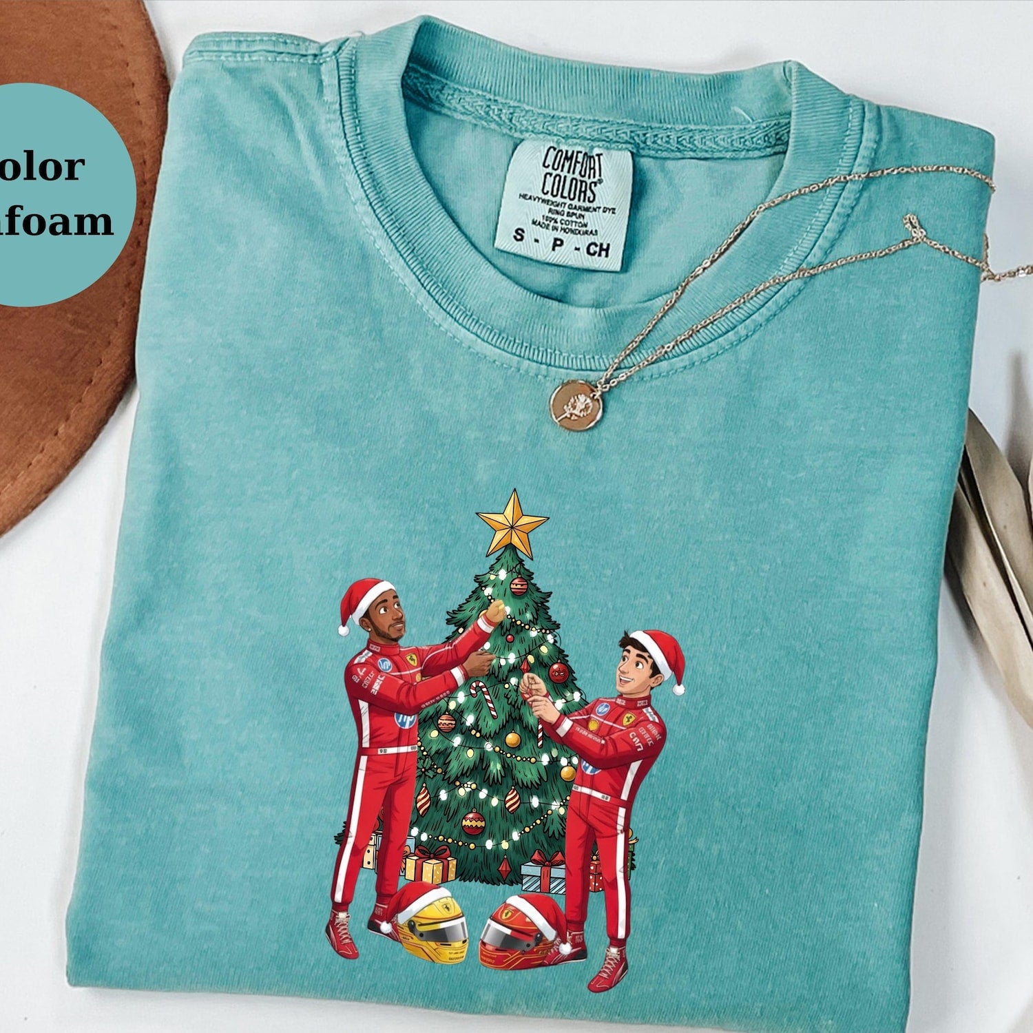 Ferrari Racing Team, Lewis Hamilton and Charles Leclerc F1 Christmas Tree Tee, Racing Driver Holiday T-Shirt, Racing Fan Xmas Gift Top