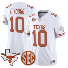 T.Longhorns #10 Vince Young 2025 State Map & SEC Patch Fan Jersey