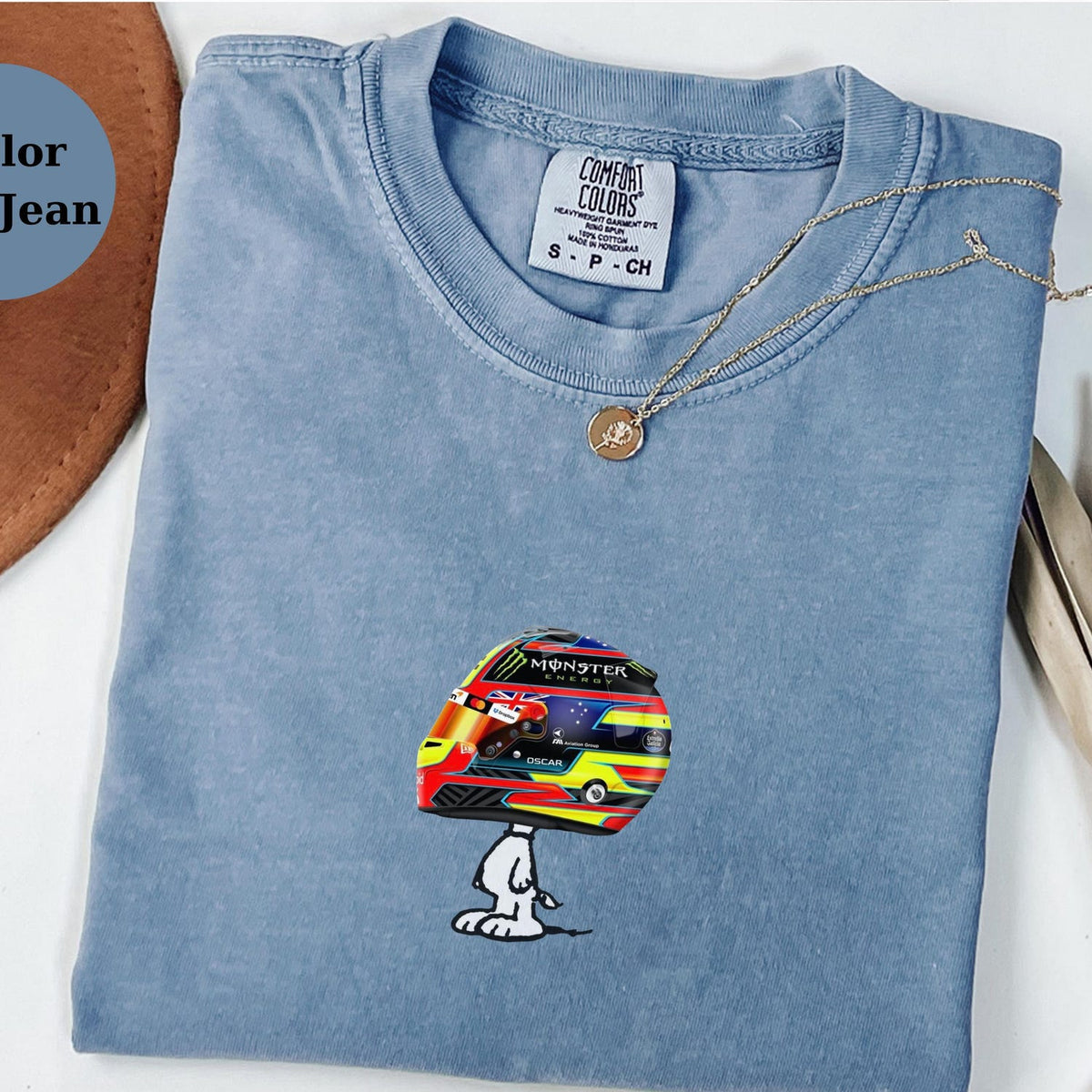 Oscar Piastri Racing Helmet Snoopy Shirt, Funny F1 Fan Crewneck, Cartoon Racer Top, Motorsport Gift, Comfort Colors Unisex Shirt