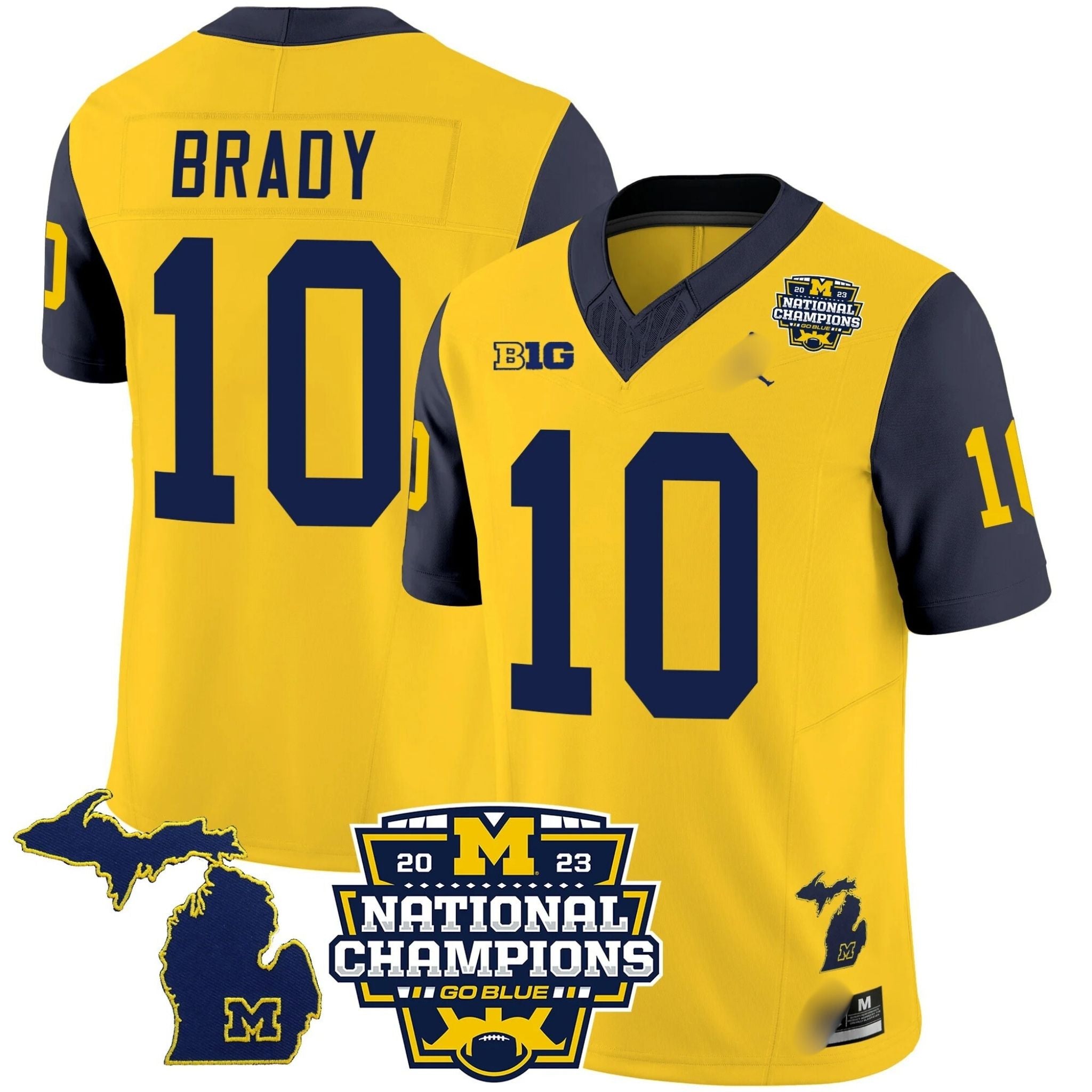 M.Wolverines #10 Tom Brady B1G & 2023 National Champions Patch Fan Jersey