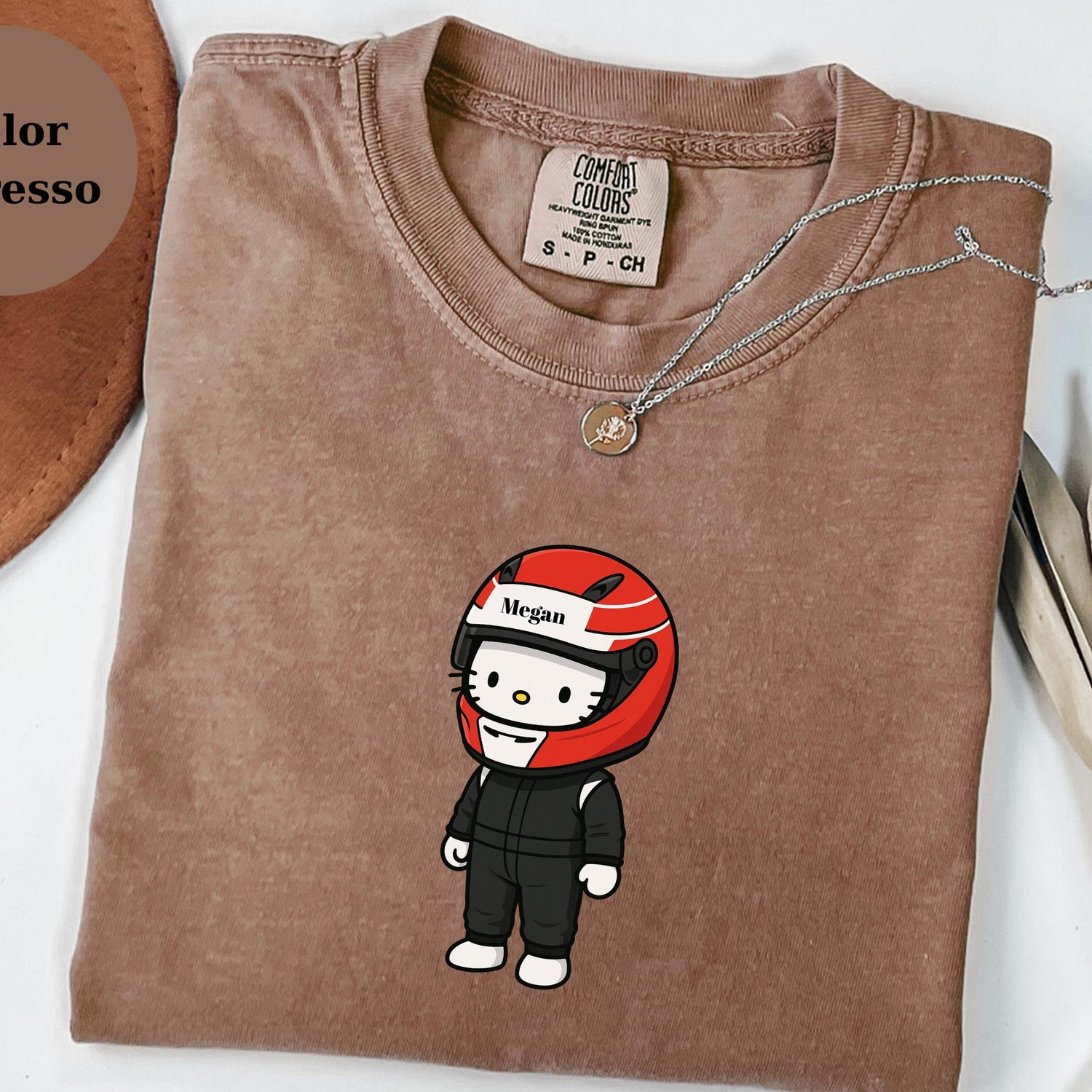 Personalized Racer Hello Kitty T-Shirt Custom Name Helmet Cute Race Driver Tee for F1 & Kart Fans