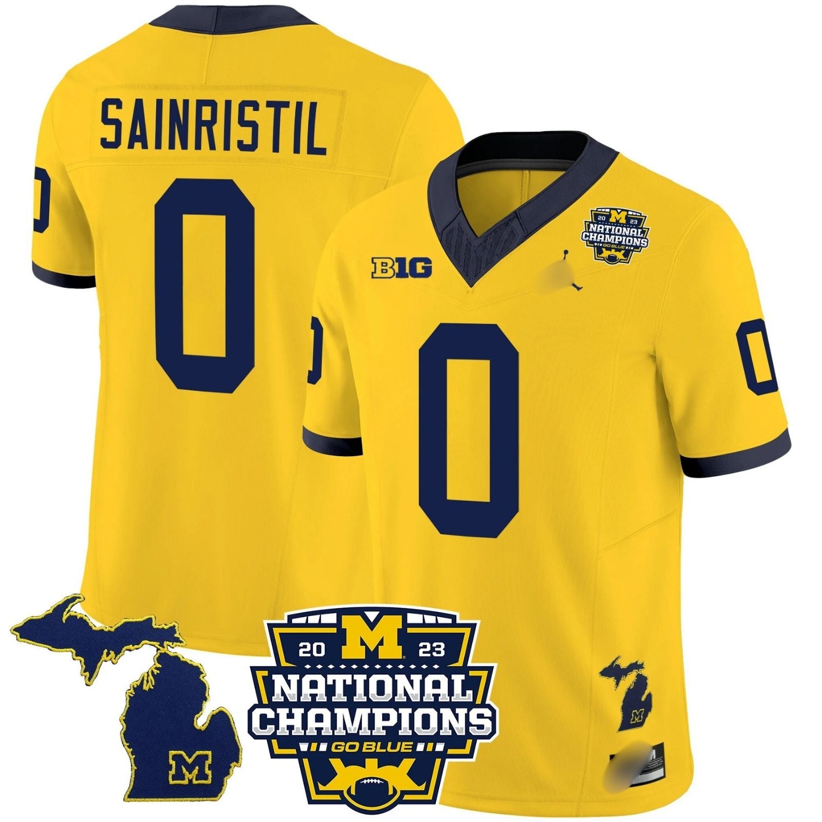 M.Wolverines #0 Mike Sainristil B1G & 2023 National Champions Patch Fan Jersey