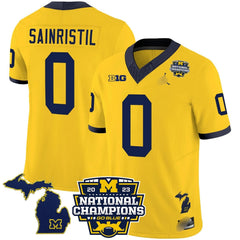 M.Wolverines #0 Mike Sainristil B1G & 2023 National Champions Patch Fan Jersey