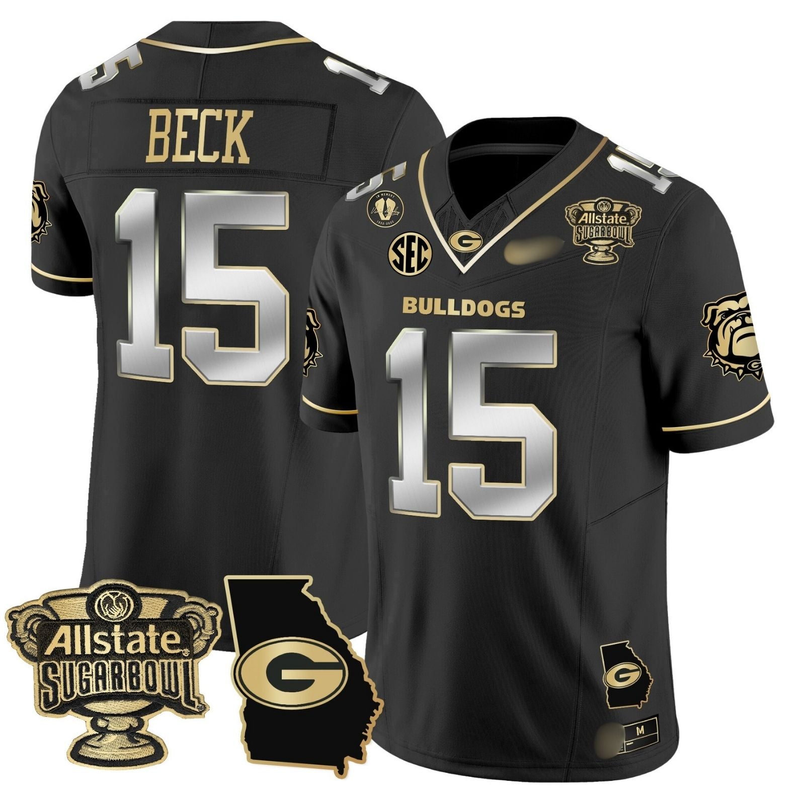 G.Bulldogs #15 Carson Beck 2024 Sugar Bowl & Georgia Map Patch Limited Jersey