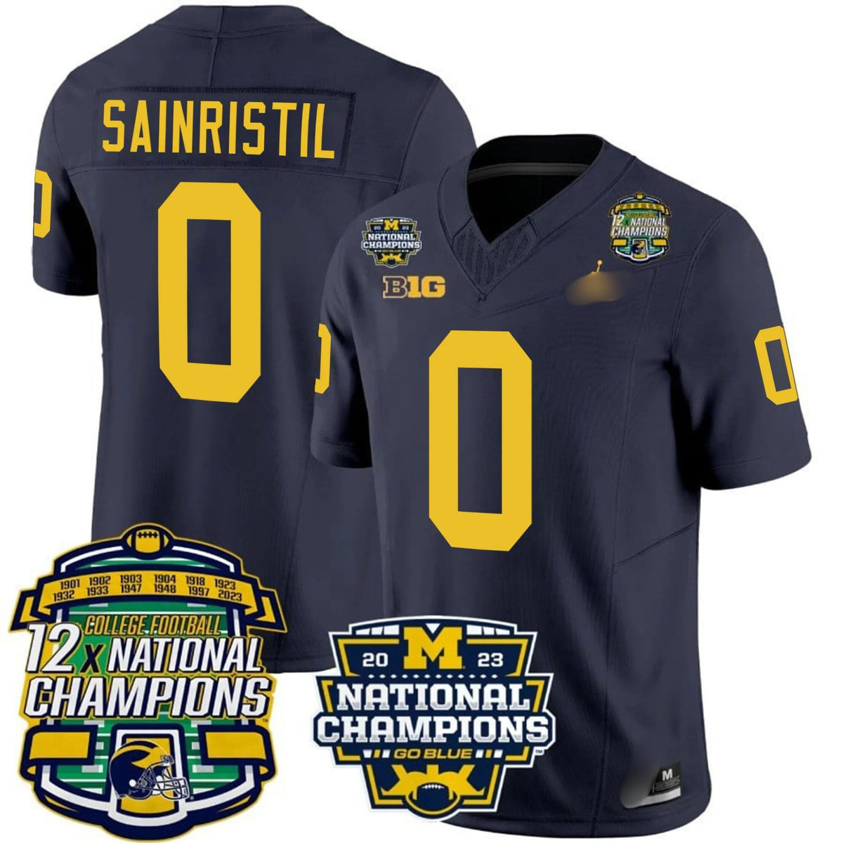 M.Wolverines #0 Mike Sainristil Corum 12x National Champions Patch Vapor Jersey