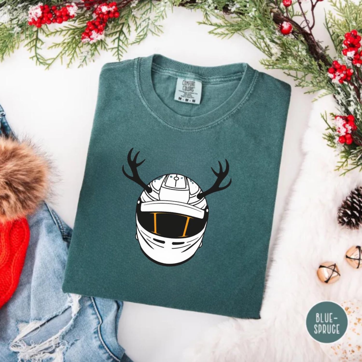 Racing Christmas Helmet Tee, Reindeer Antler Moto Shirt, Holiday Race Fan Gift