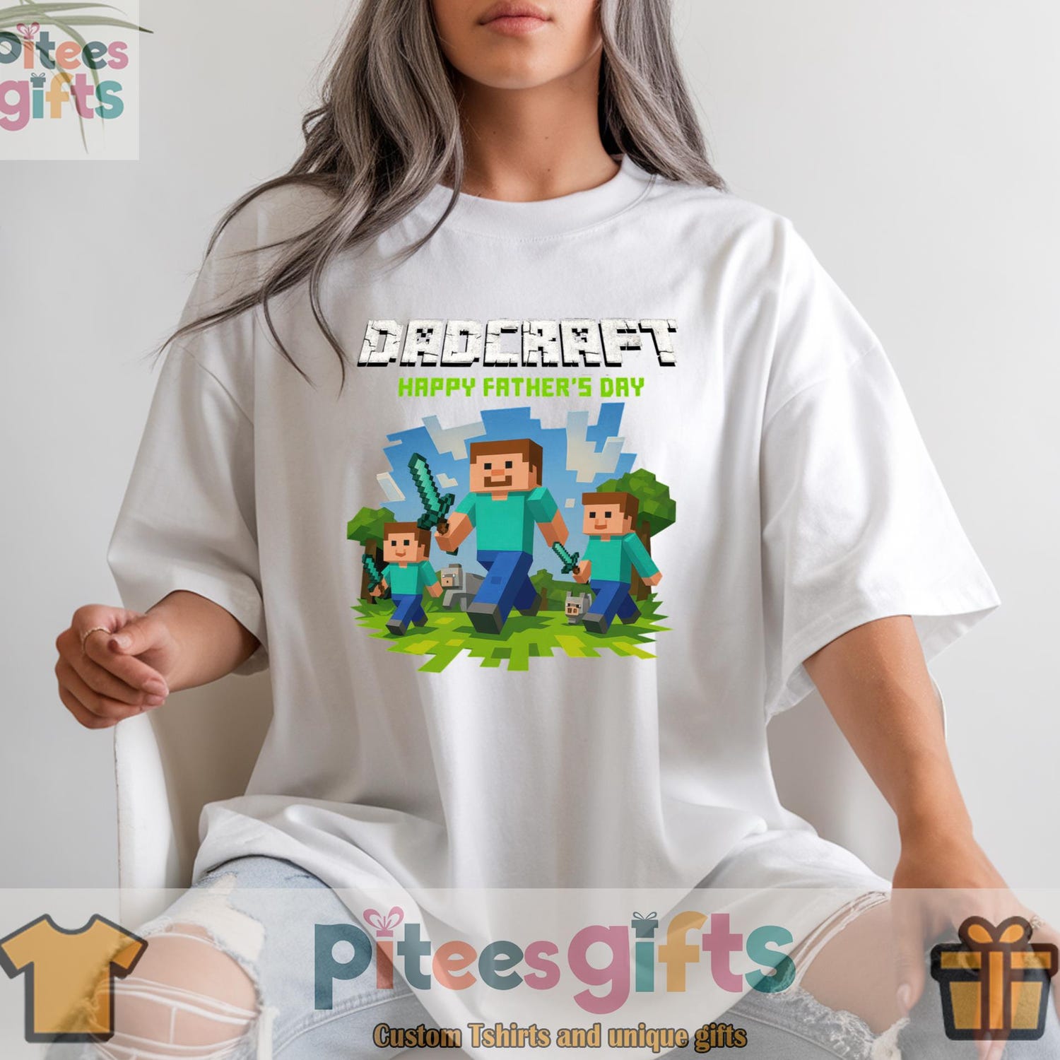 Dadcraft Happy Father's Day Shirt - Mine craft Video Games Dad Gamers Tee - Funny Pixel Gift for Geeky Dads