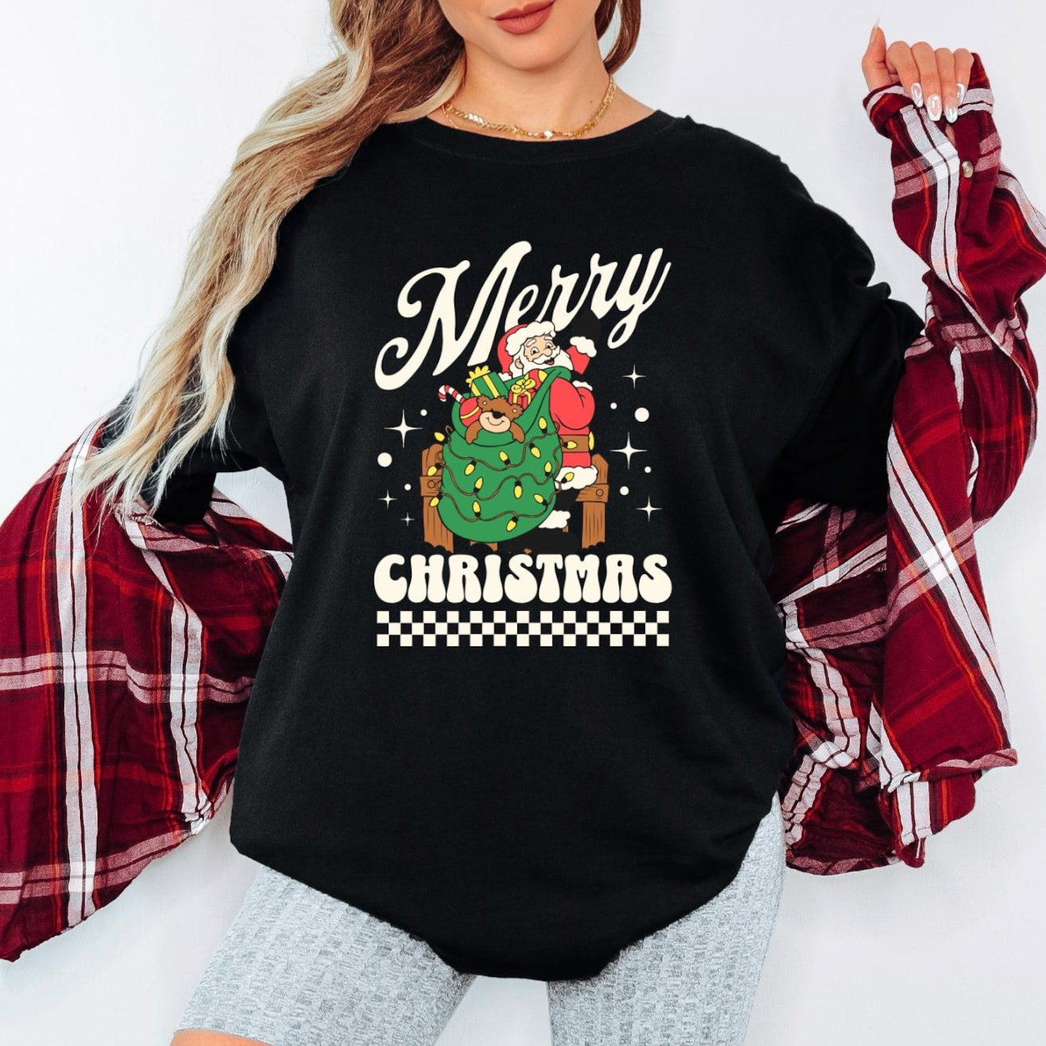 Retro Merry Christmas Sweatshirt, Vintage Santa Claus & Christmas Tree Shirt, Cute Xmas Graphic Tee, Unisex Winter Gift