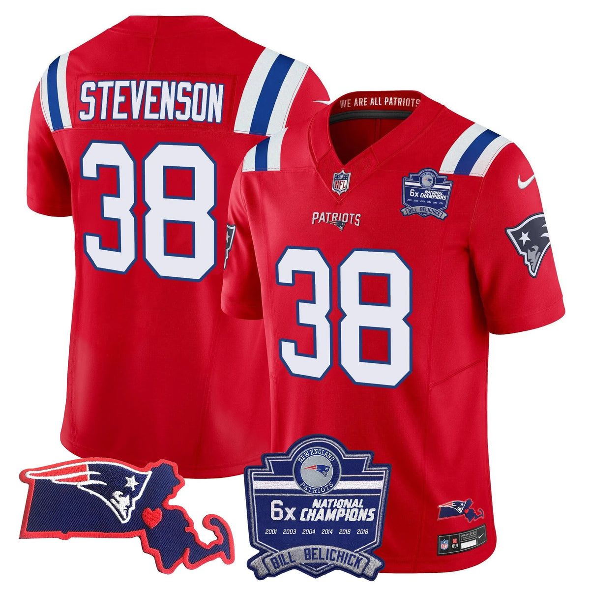 N.E Patriots #38 Rhamondre Stevenson Bill Belichick 6x Champions & State Patch Fan Jersey - Red