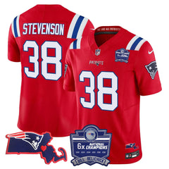 N.E Patriots #38 Rhamondre Stevenson Bill Belichick 6x Champions & State Patch Fan Jersey - Red