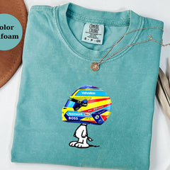 Fernando Alonso Racing Helmet Snoopy Shirt, Funny F1 Fan Crewneck, Cartoon Racer Top, Motorsport Gift, Comfort Colors Unisex Shirt
