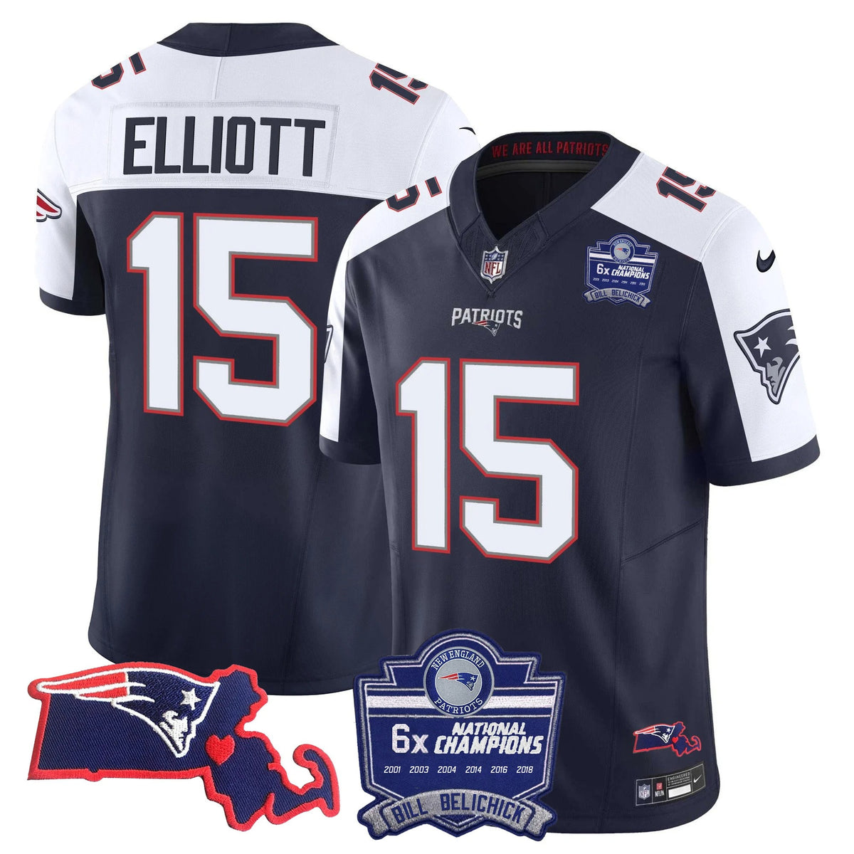 N.E Patriots #15 Ezekiel Elliott Bill Belichick 6x Champions & State Patch Fan Jersey - Alternate