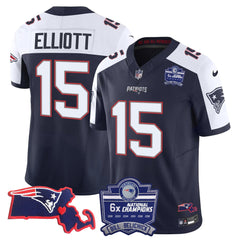 N.E Patriots #15 Ezekiel Elliott Bill Belichick 6x Champions & State Patch Fan Jersey - Alternate