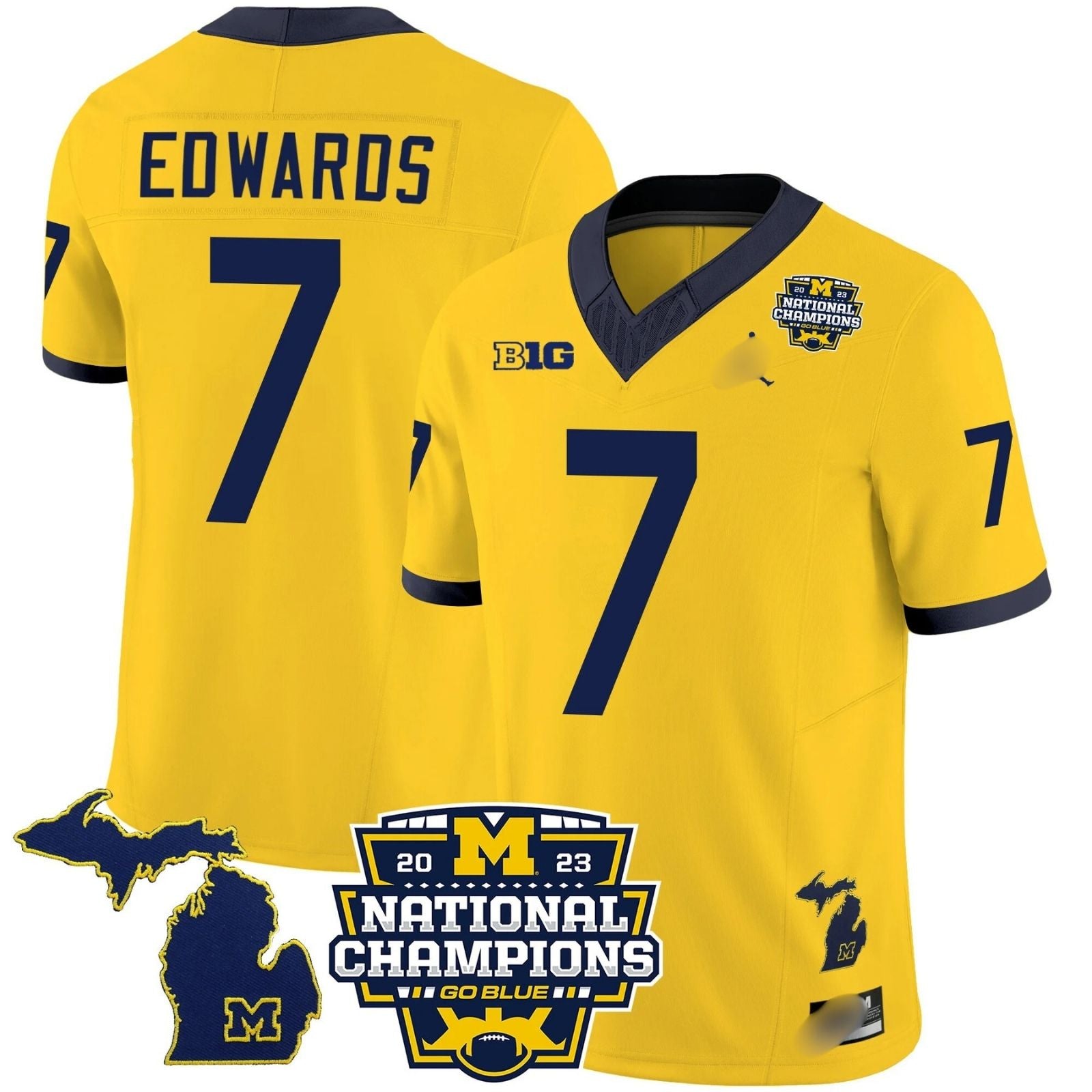 M.Wolverines #7 Donovan Edwards B1G & 2023 National Champions Patch Fan Jersey