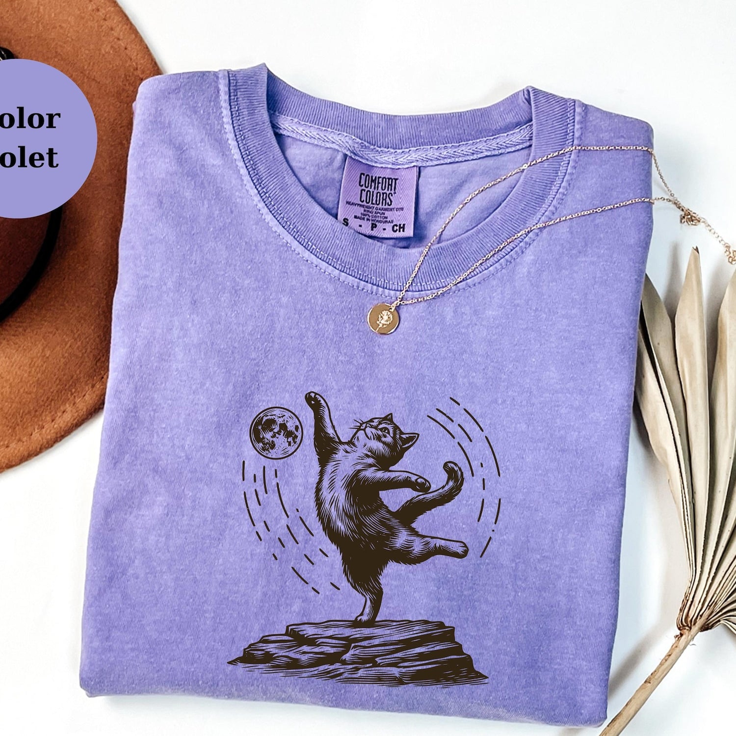 Cat Dancing Shirt, Moon Cat Tee, Cosmic Cat Art Top, Funny Cat Lover Gift, Boho Cat Graphic Tee, Retro Cat Shirt Unisex