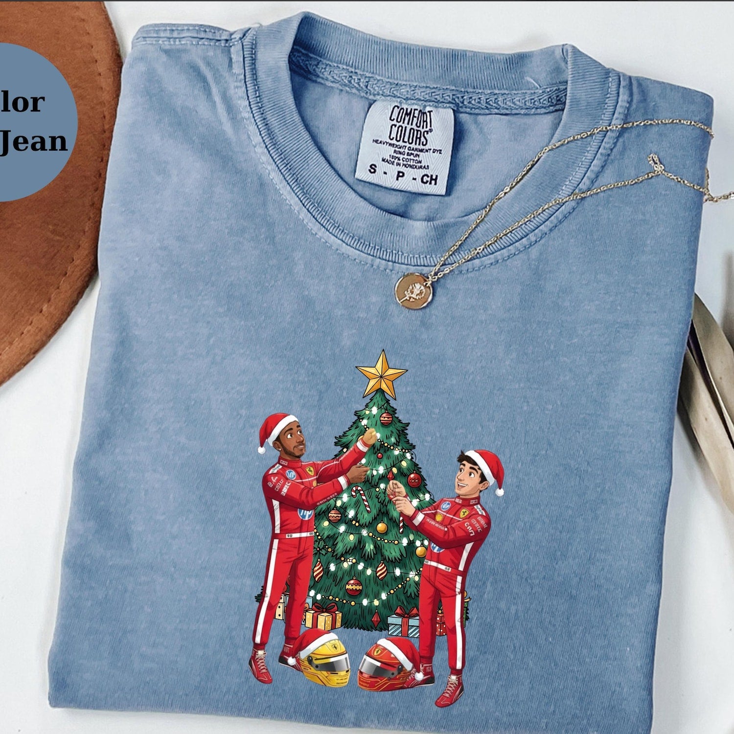 Ferrari Racing Team, Lewis Hamilton and Charles Leclerc F1 Christmas Tree Tee, Racing Driver Holiday T-Shirt, Racing Fan Xmas Gift Top