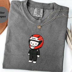 Personalized Racer Hello Kitty T-Shirt Custom Name Helmet Cute Race Driver Tee for F1 & Kart Fans