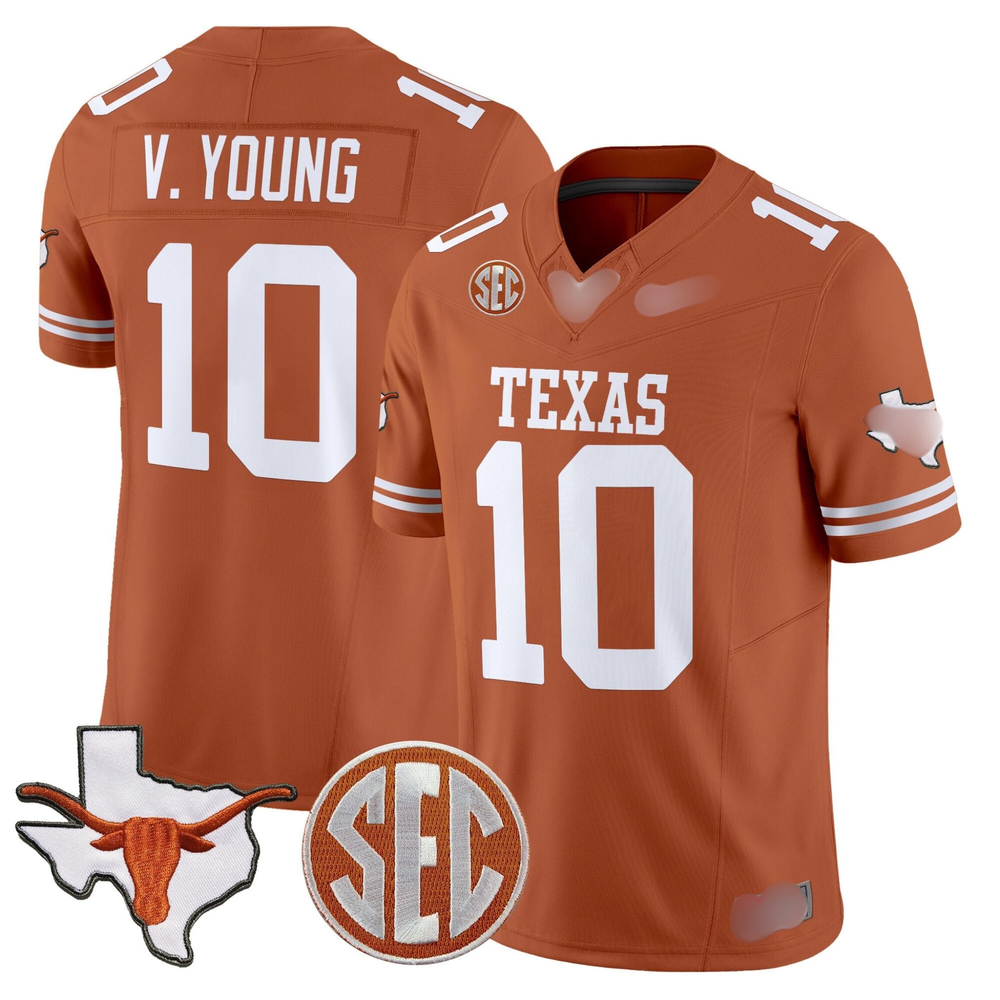 T.Longhorns #10 Vince Young 2025 State Map & SEC Patch Fan Jersey