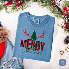 Buffalo Plaid Merry Christmas Shirt, Reindeer Antler Tree Tee, Retro Xmas Graphic T-Shirt, Holiday Gift Top, Unisex Winter Outfit
