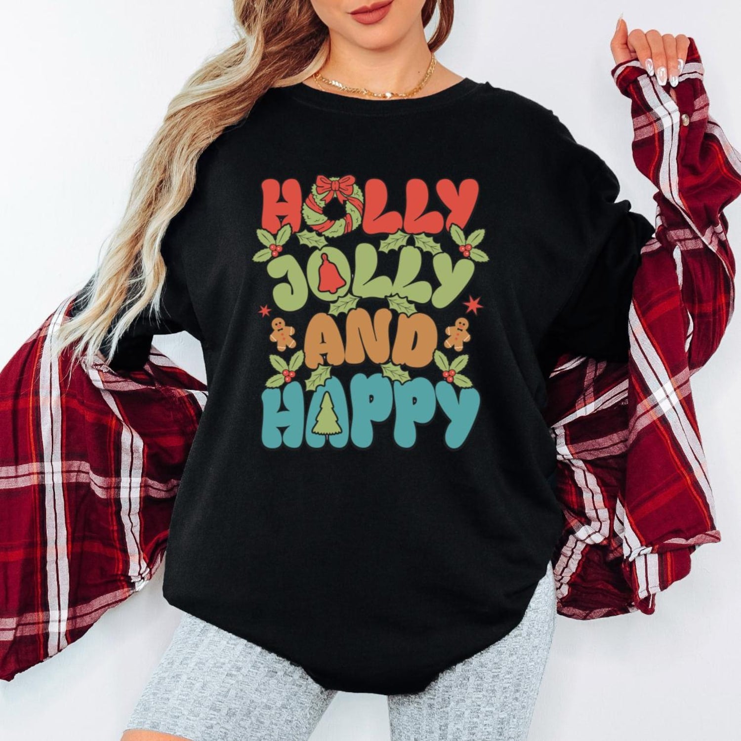 Holly Jolly and Happy Christmas Sweatshirt, Retro Xmas Graphic Tee, Cute Holiday Pullover, Vintage Christmas Shirt, Unisex Winter Gift