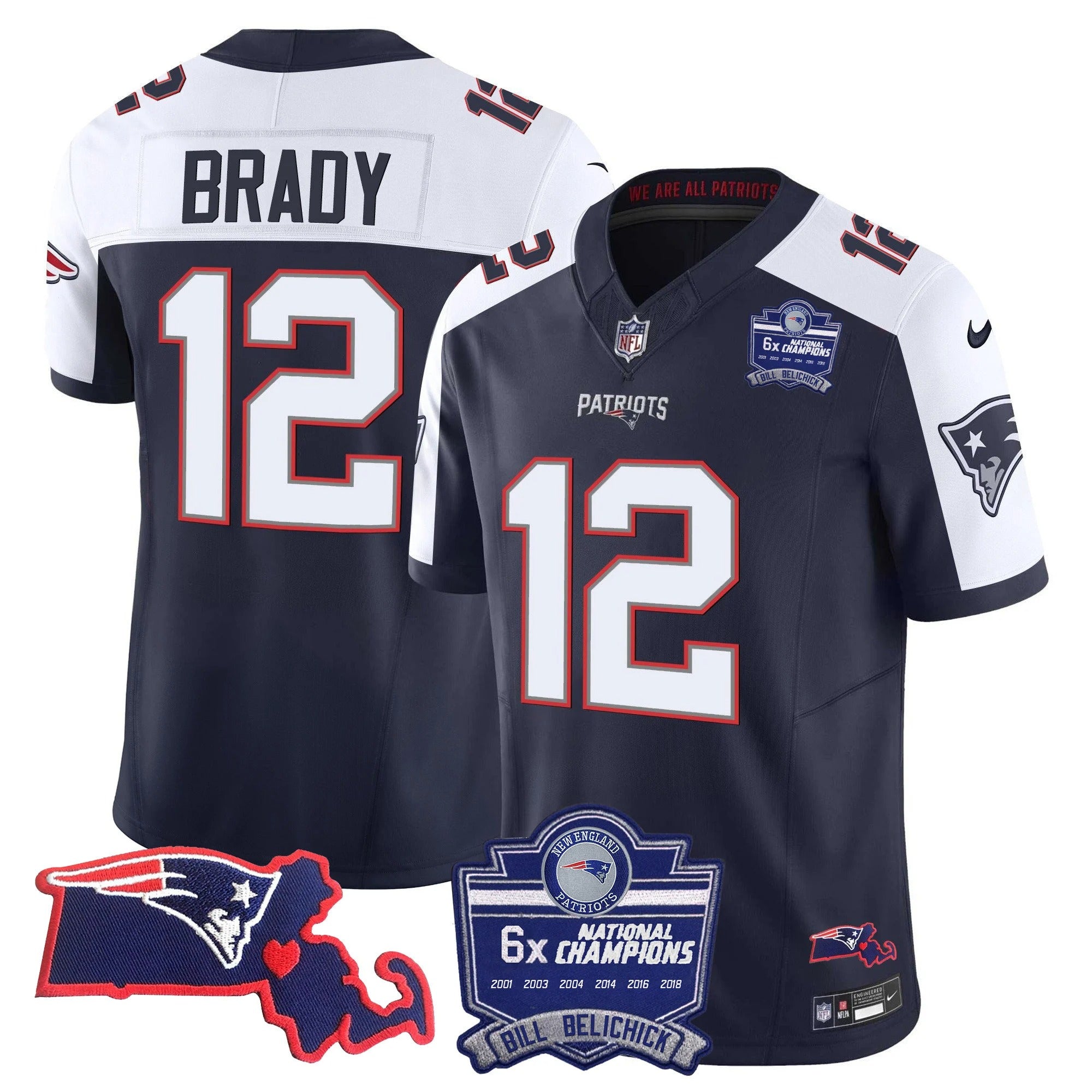 N.E Patriots #12 Tom Brady Bill Belichick 6x Champions & State Patch Fan Jersey