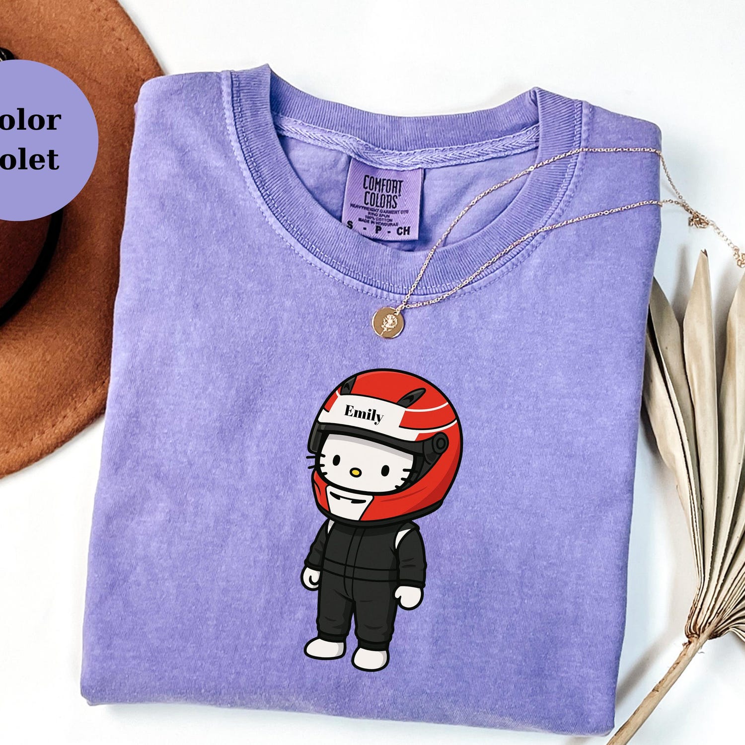 Personalized Racer Hello Kitty T-Shirt Custom Name Helmet Cute Race Driver Tee for F1 & Kart Fans