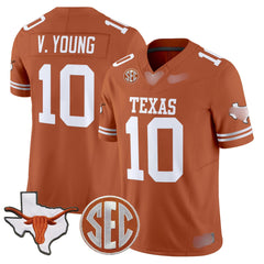 T.Longhorns #10 Vince Young 2025 State Map & SEC Patch Fan Jersey