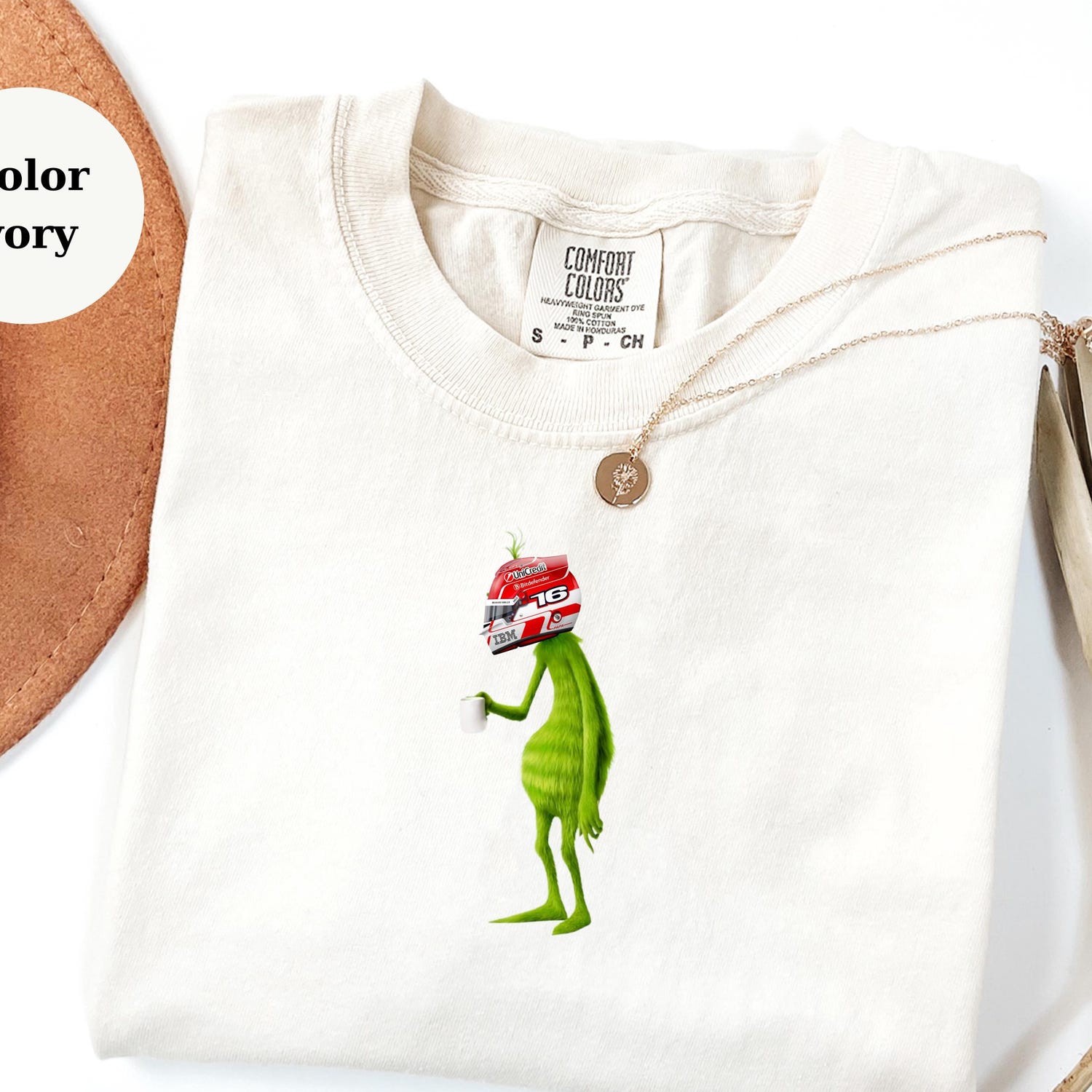 Charles Leclerc Racing Helmet Grinch Shirt, Funny F1 Fan Crewneck, Cartoon Racer Top, Motorsport Gift, Comfort Colors Unisex Shirt