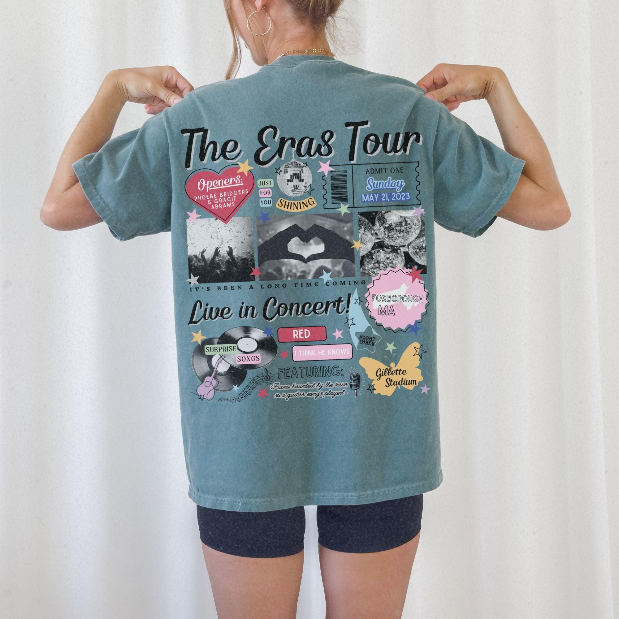 a woman wearing a t - shirt with the words the eros tour on it