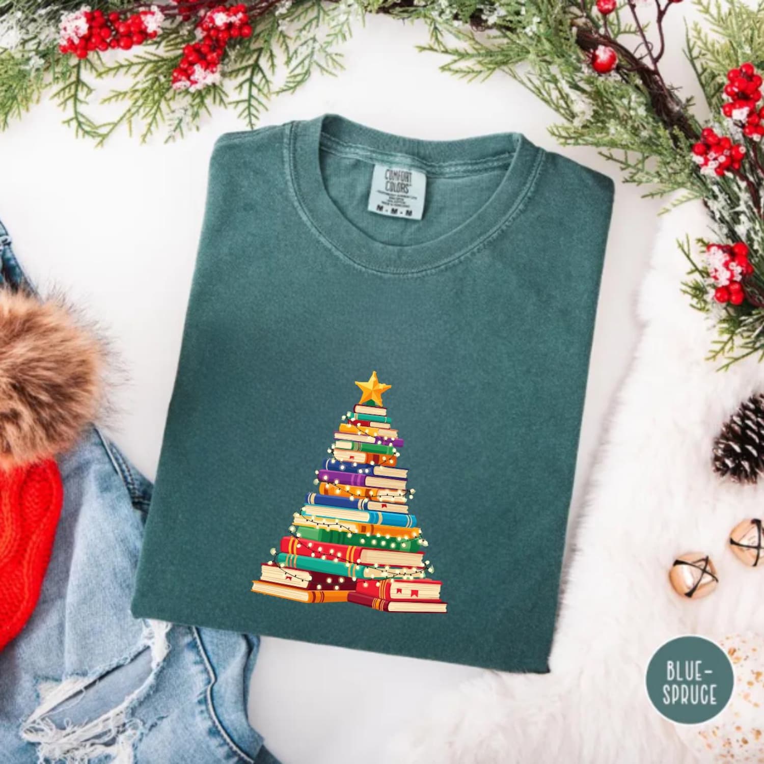 Book Christmas Tree Shirt, Book Lover Holiday Tee, Reading Christmas Shirt, Cute Librarian Gift, Winter Reader Top