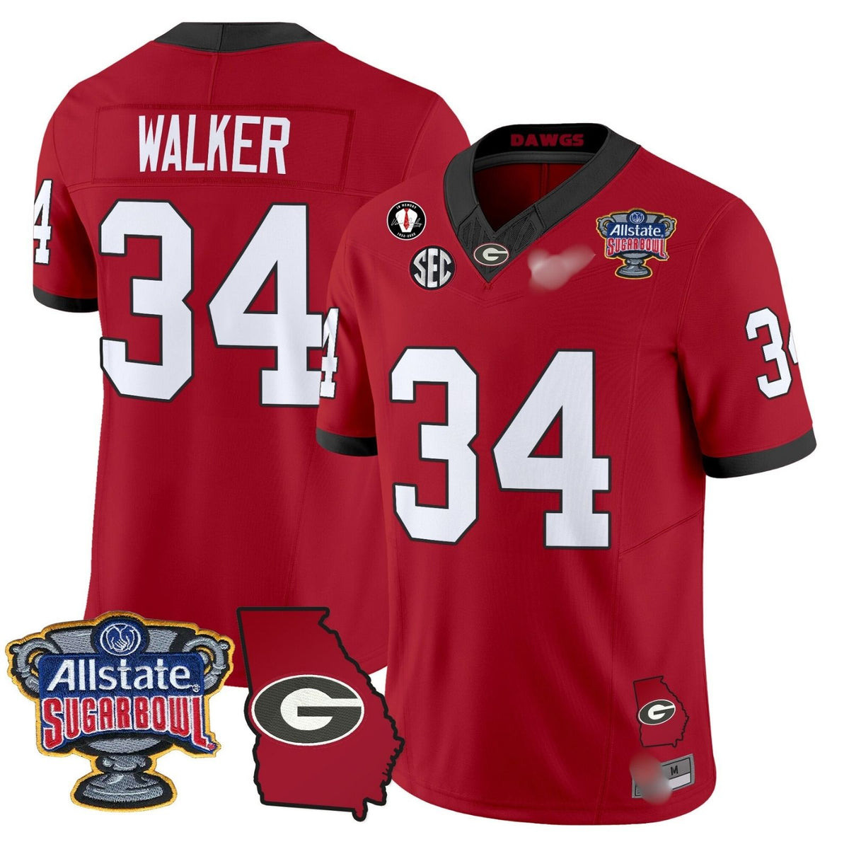 G.Bulldogs #34 Herschel Walker 2024 Sugar Bowl & Georgia Map Patch Limited Jersey