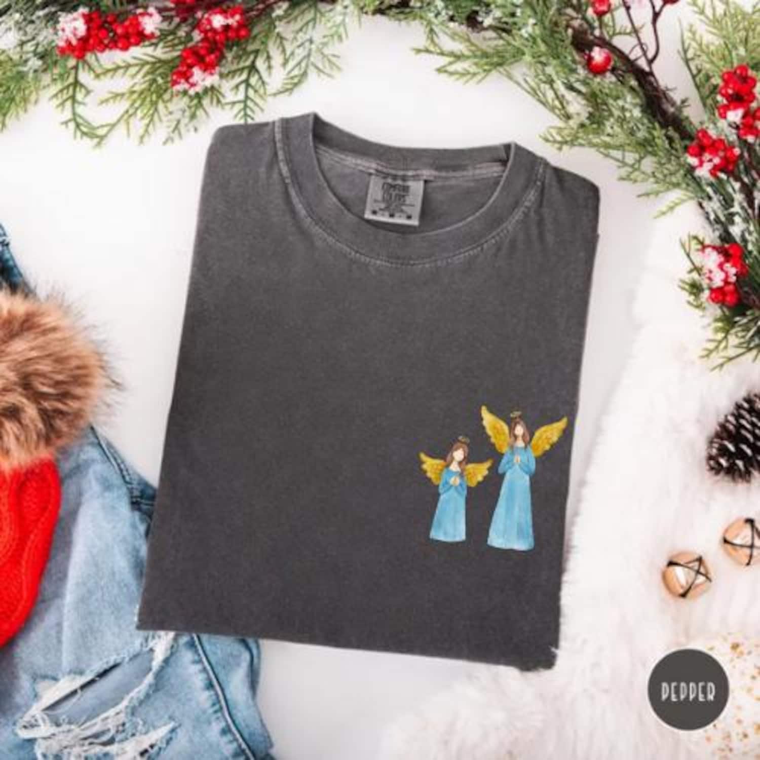 Angel Christmas Shirt, Minimal Holiday Tee, Guardian Angel Graphic Shirt, Cute Xmas Gift Top, Festive Comfort Colors Tee
