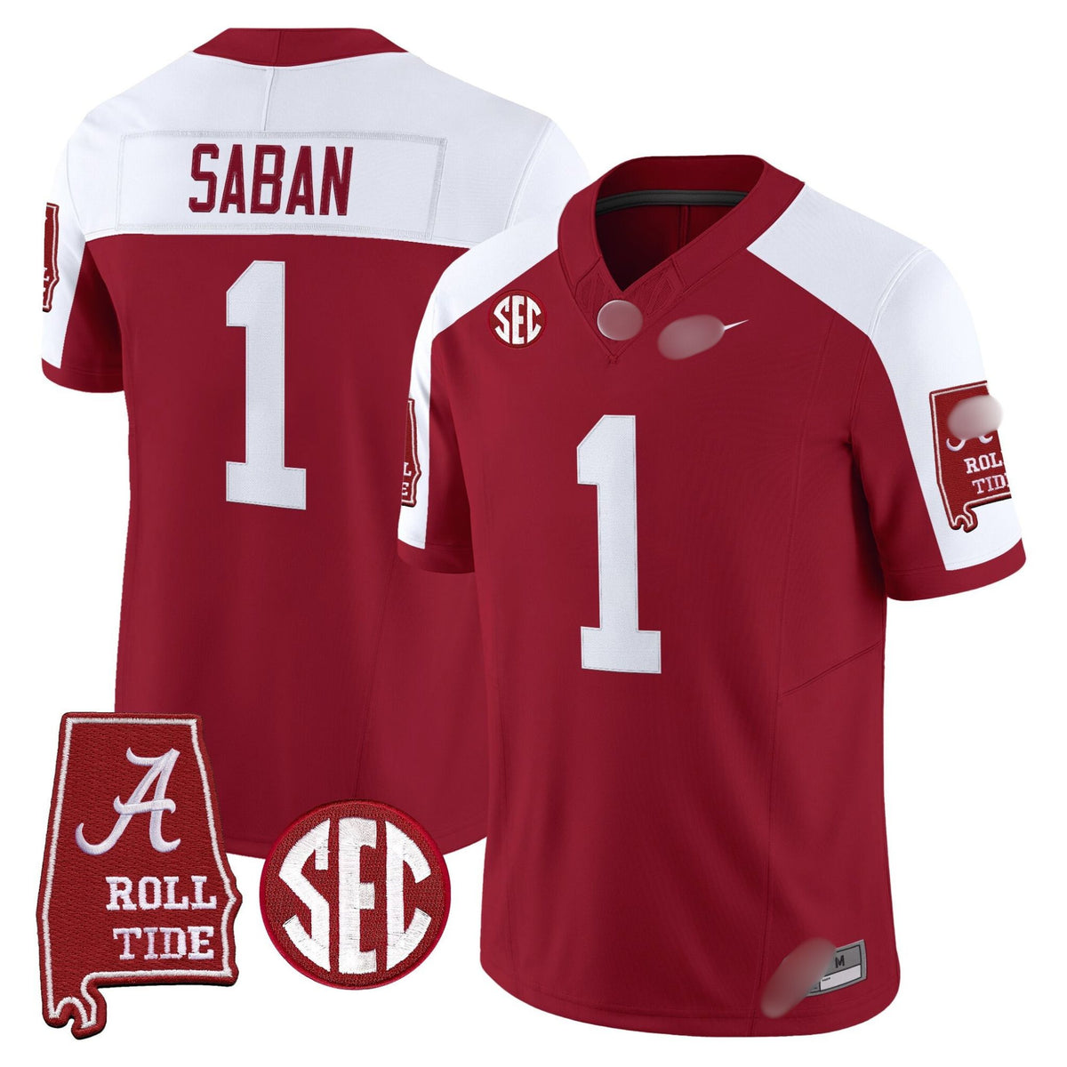 A. Crimson Tide #1 Nick Saban 2025 Roll Tide & Sec Patch Fan Jersey - Crimson Alternate