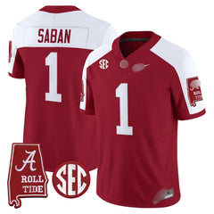 A. Crimson Tide #1 Nick Saban 2025 Roll Tide & Sec Patch Fan Jersey - Crimson Alternate